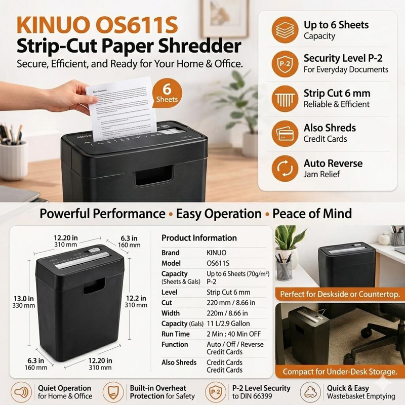 6-Sheet Strip-Cut Paper & Credit Card Shredder with 2.9-Gallon Bin - Office & Home Use