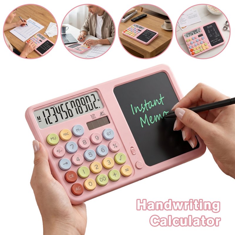 Pink Dual Power Silent Calculator with Writing Pad and Stylus - Office & School Desk Tool