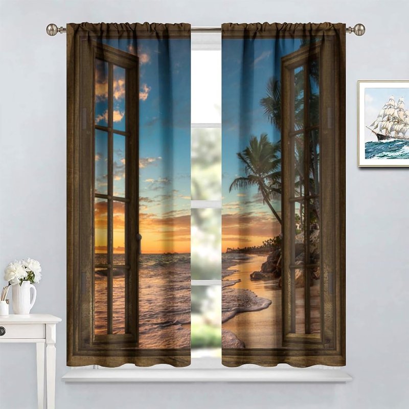 Beach Curtain Set for Windows - Sunset Print, Blackout, Rod Pocket, 2 Panels