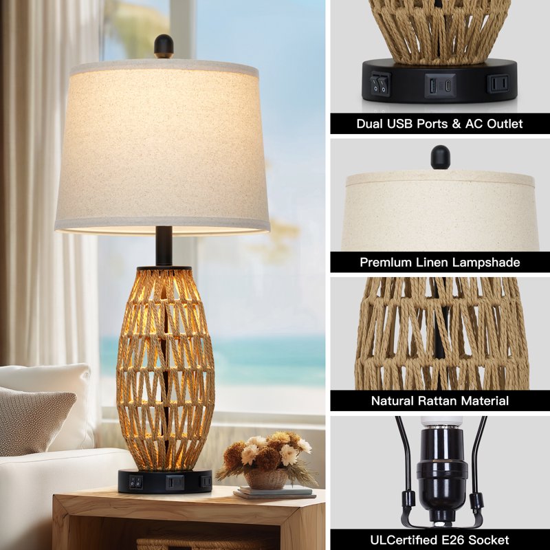 Set of 2 27-Inch Rattan Table Lamps with Night Light & USB Charging