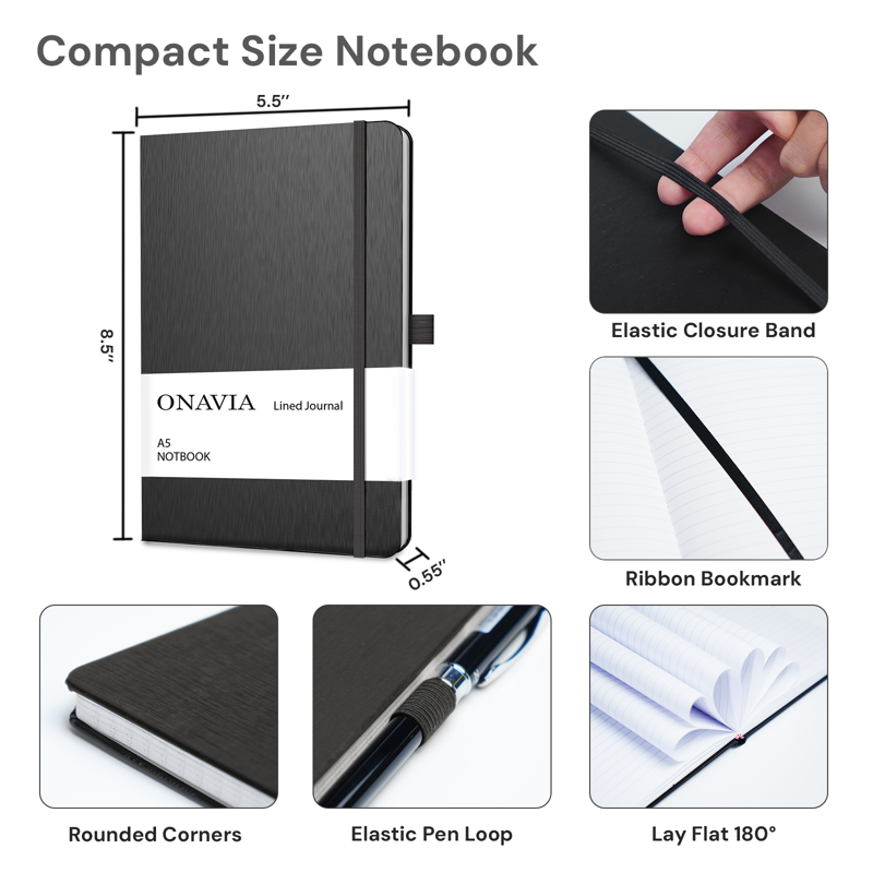 A5 Hardcover Lined Journal Notebook 6 Pack - College Ruled, 160 Pages, Black