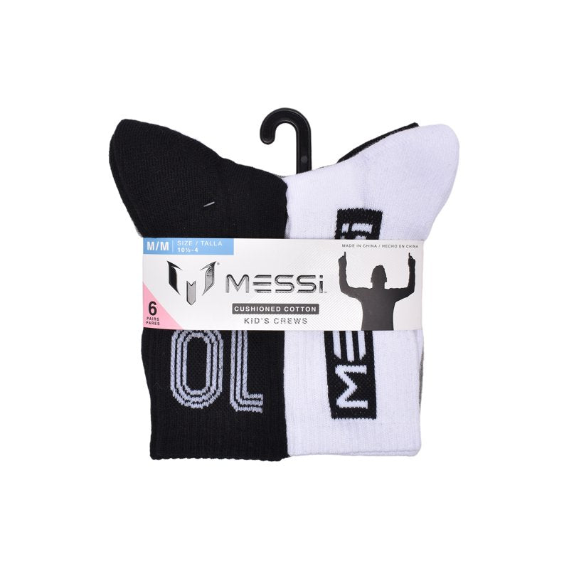 Messi Boys 6-Pack Crew Socks - Size S-L, Black Grey White (Variation: M)