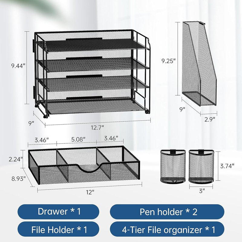 4-Tier Metal Desk Organizer with File Holder, Pen Storage, Drawer - Black
