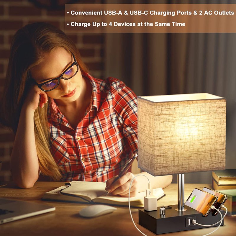Dimmable Bedside Table Lamp with Dual USB Charging Ports - Modern Nightstand Light
