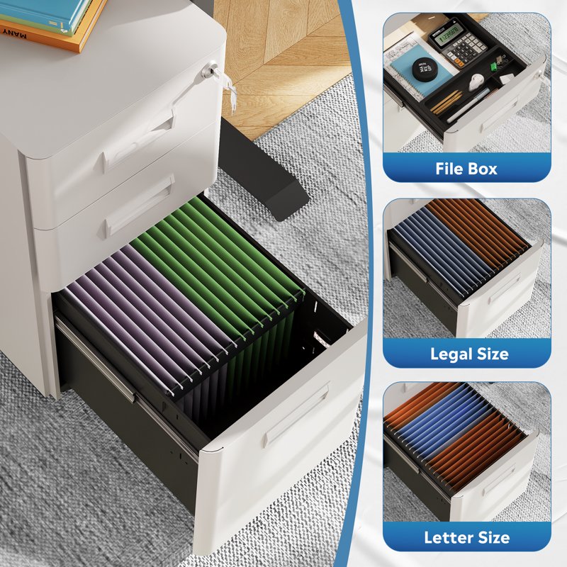 Metal File Cabinet with Lock & Mobile Wheels - 3 Drawer Office Storage
