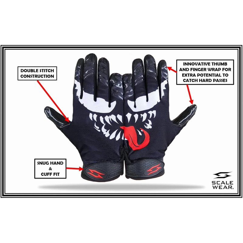 Football Receiver Gloves Tacky Grip Stealth Villain All Weather Youth & Adult