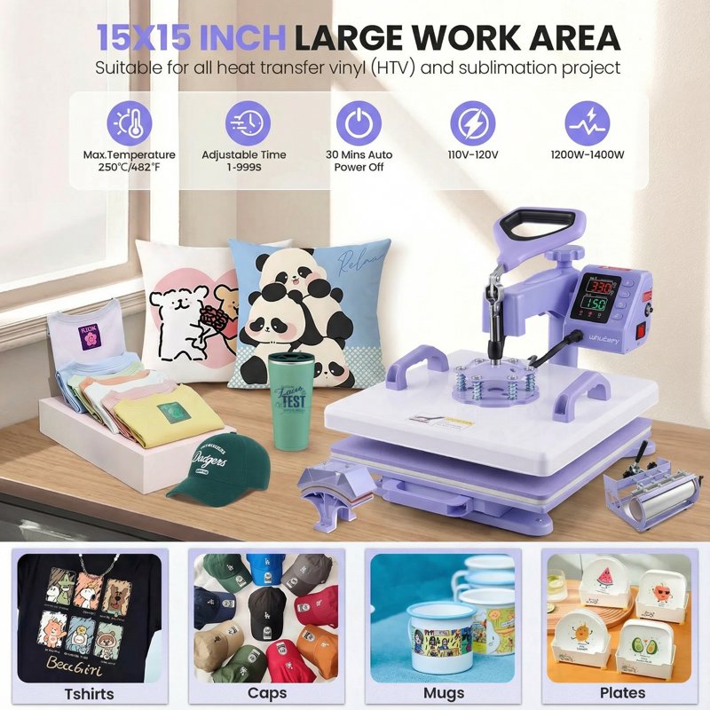 15x15 Heat Press Machine 8-in-1 Multifunctional T-Shirt Mug Hat Transfer