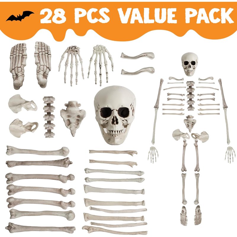 Joyfy 28 Pc Halloween Skeleton Bones & Skull Kit - Indoor/Outdoor Decor, Variation: Suit