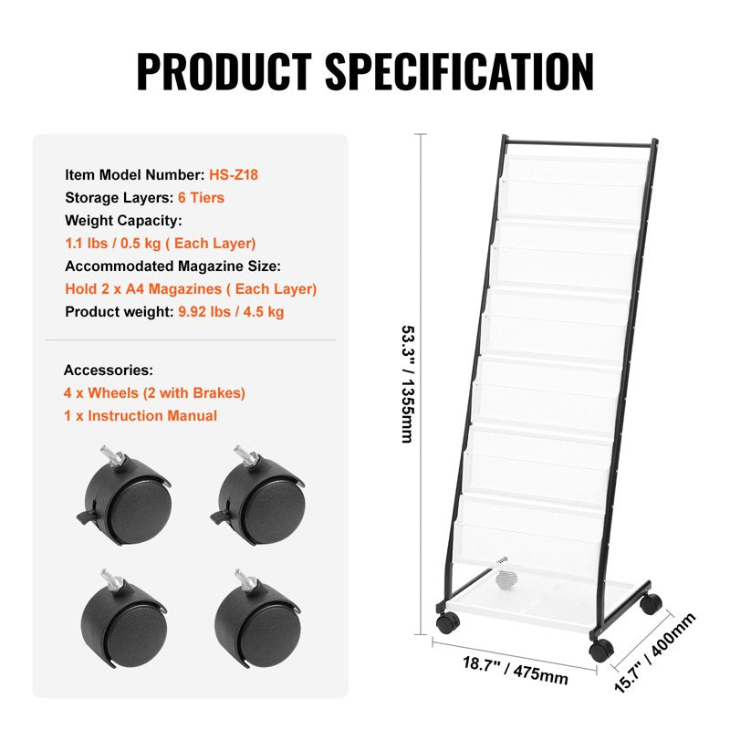 6-Tier Brochure Display Rack with Wheels - Magazine Literature Organizer