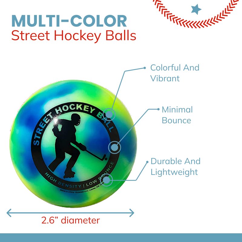 Outdoor Street Hockey Balls 6-Pack - High Density, Multi-Colored, Minimal Bounce