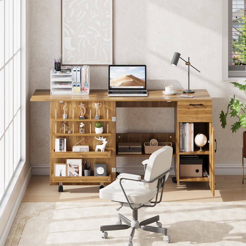 Foldable Sewing Machine Table with Storage Shelves and Lockable Wheels
