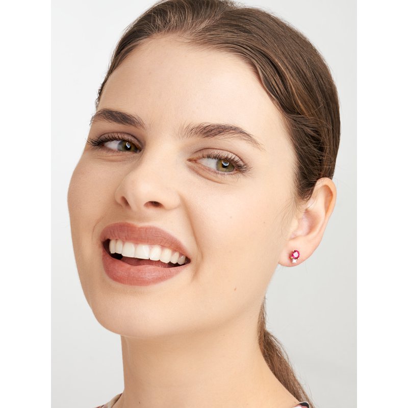 Sterling Silver Two Stone Earrings with Created Ruby and Lab Grown Diamonds - Platinum Over Silver