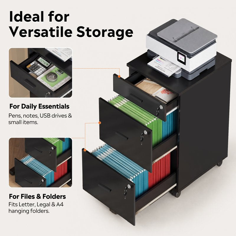 3 Drawer Lockable File Cabinet for Home Office, Mobile Storage with Keys