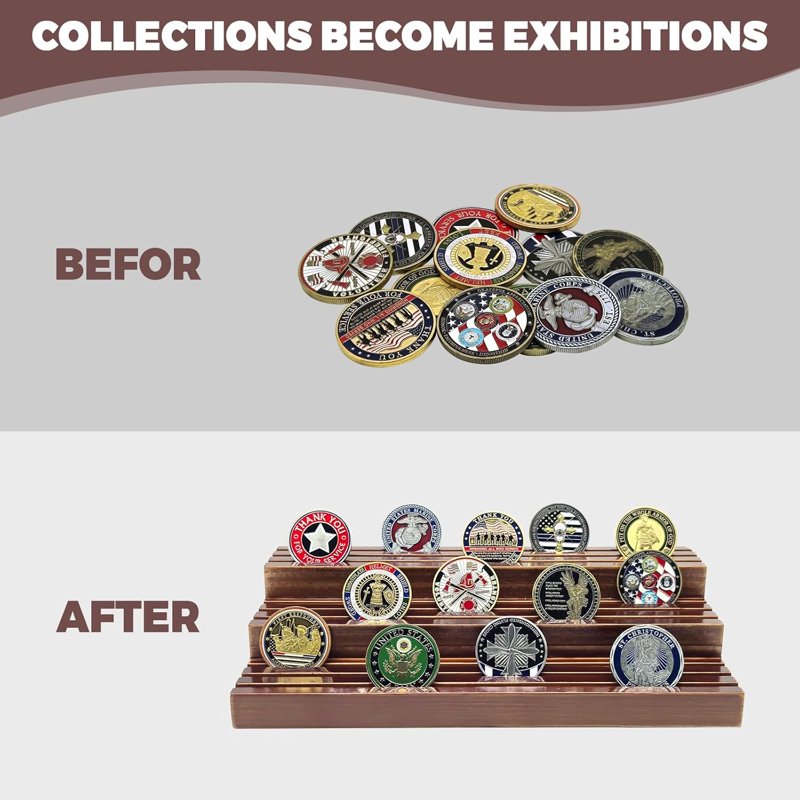 Wooden Challenge Coin Display Stand - Holds 45-60 Coins, 9 Rows Collector Display