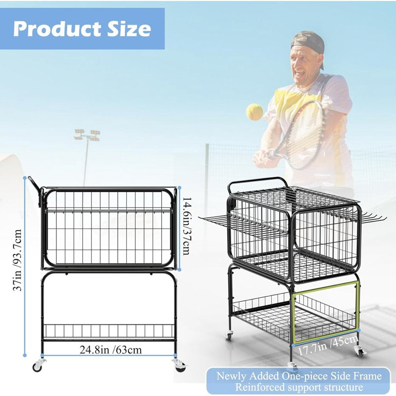 Heavy-Duty Tennis Ball Trolley Cart with Wheels for 350+ Balls & Gear Storage
