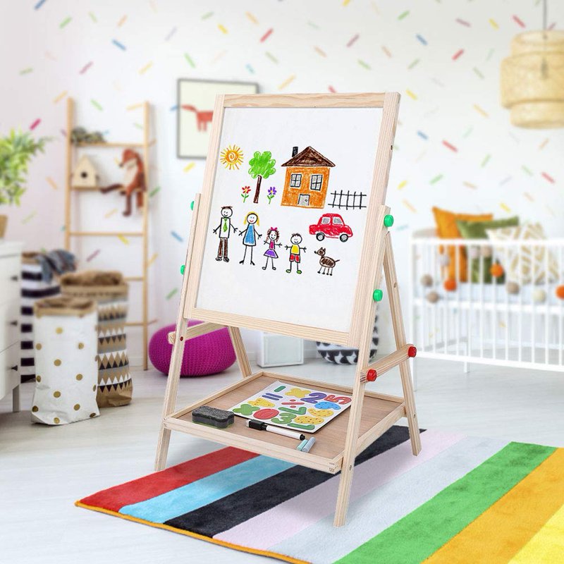 Kids Double-Sided Wooden Easel with Whiteboard & Chalkboard - Adjustable Toddler Art Desk