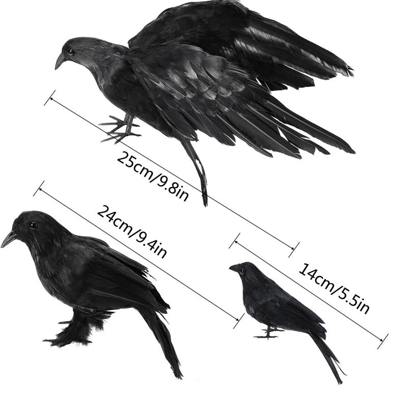 Realistic Crow Decorations for Halloween and Outdoor Use - Set of 3 Black Faux Birds