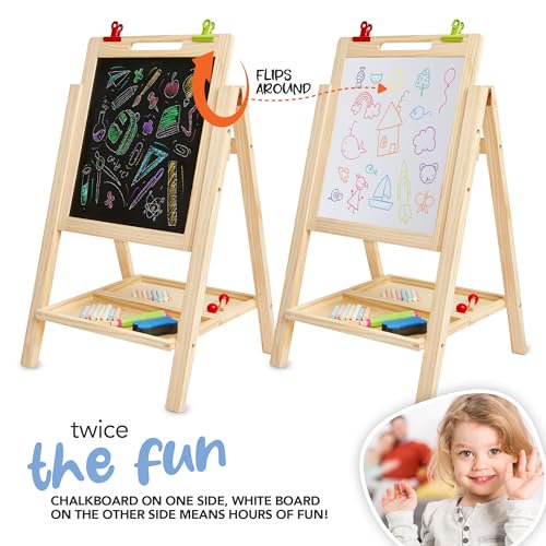 Kids Double Sided Art Easel with Whiteboard & Chalkboard, Toddler Craft Table for 2-4 Years