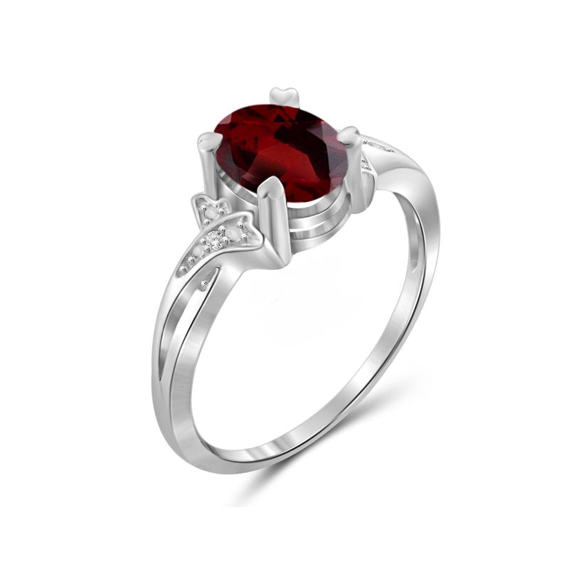 Genuine Garnet Ring with White Diamonds - 1.60 Carat Sterling Silver Birthstone Jewelry for Women Size 7