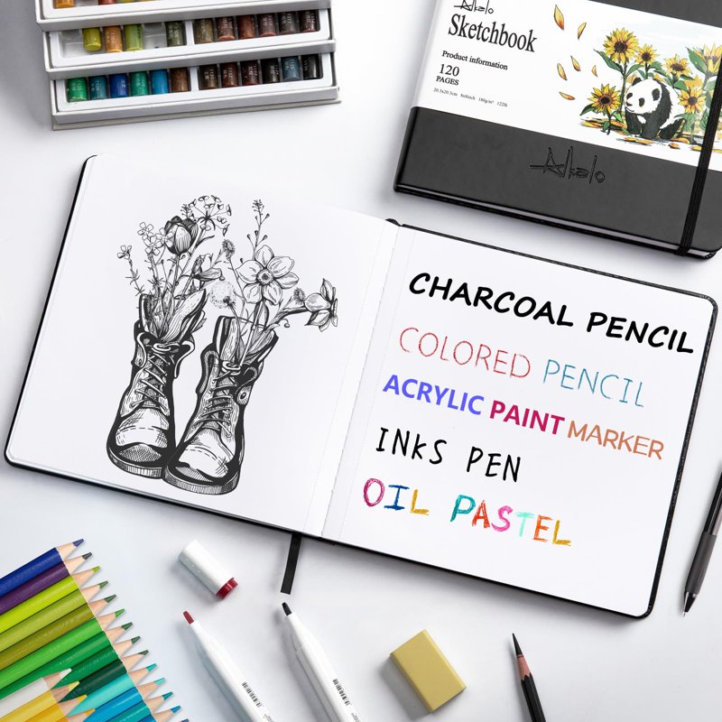 Square Sketchbook for Drawing, 120 Pages, Thick Acid-Free Paper, Mixed Media Art Book