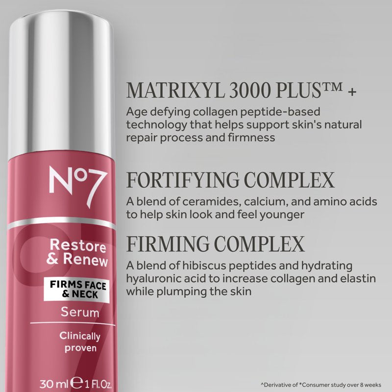 No7 Restore & Renew Face & Neck Serum - Anti-Aging, Firmer Skin, Wrinkle Reduction