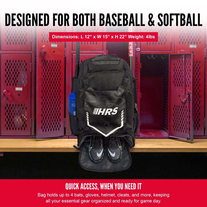 Baseball Bat Backpack Bag Holds 4 Bats Glove Helmet Sport Gear Black Camo