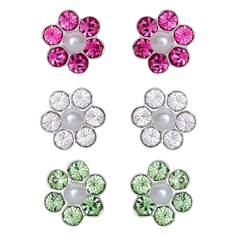 Girl’s Sterling Silver Crystal Flower Stud Earrings Set - 3 Pairs