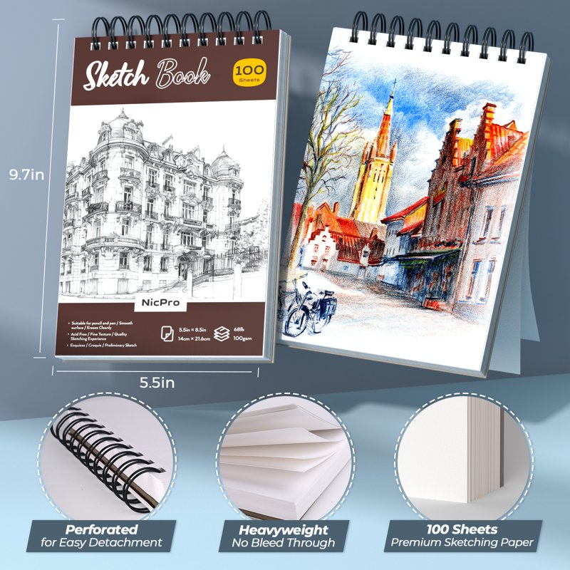 Art Drawing Supplies Kit with Leather Case - Mechanical Pencils, Micron Pens & Sketchbook