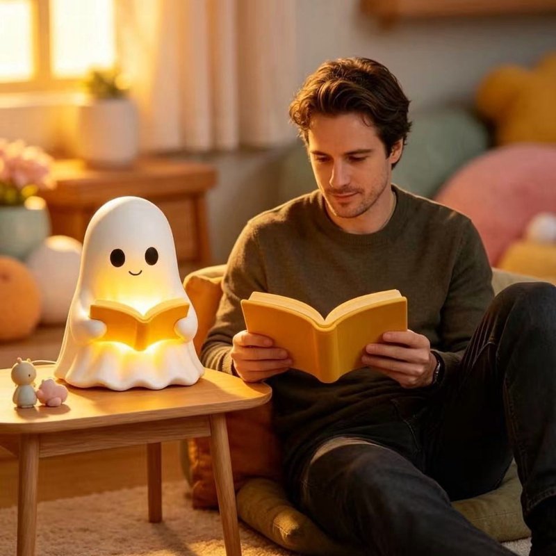 Ghost Reading Night Light Ornament - 5.9 Inch LED Halloween Decor for Bedroom & Desk