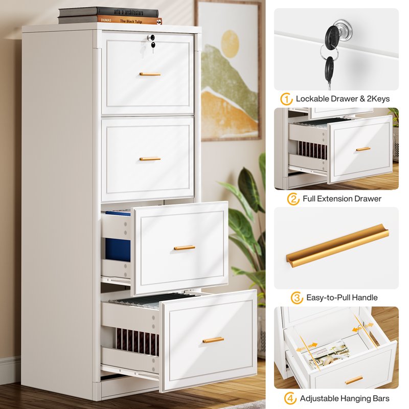 Four-Drawer Vertical File Cabinet with Lock - Office Document Organizer, Heavy Duty, White