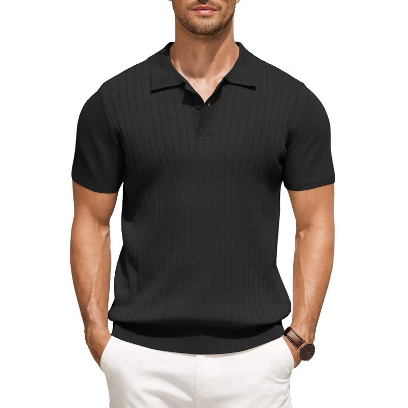 Men's Ribbed Knit Polo Shirt Short Sleeve Casual Golf Business Wear