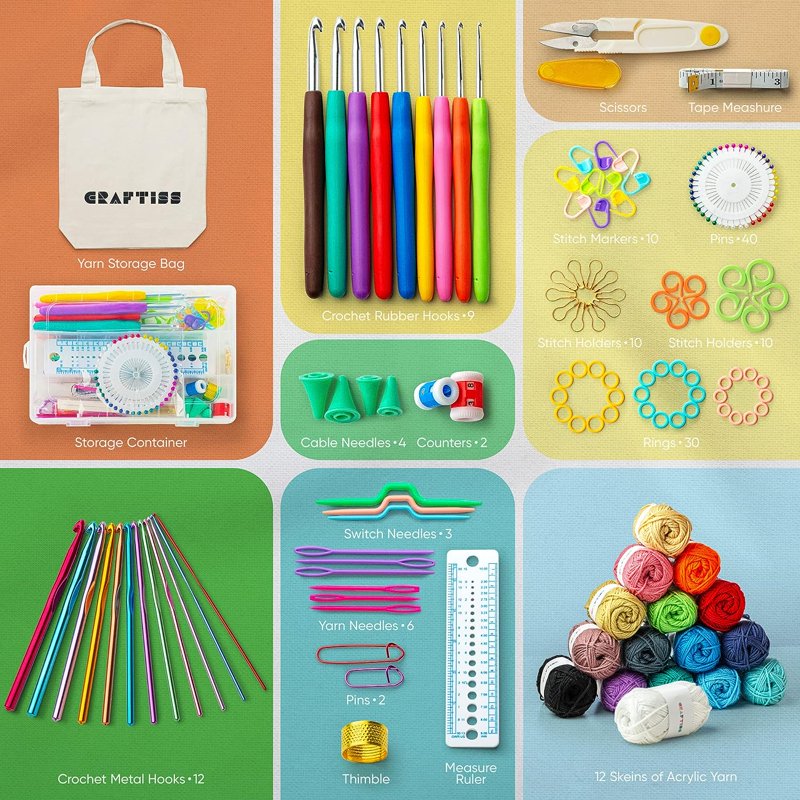 Crochet Kit for Beginners with 16 Yarn Colors, 158 Pieces & Tools - Learn to Crochet Set