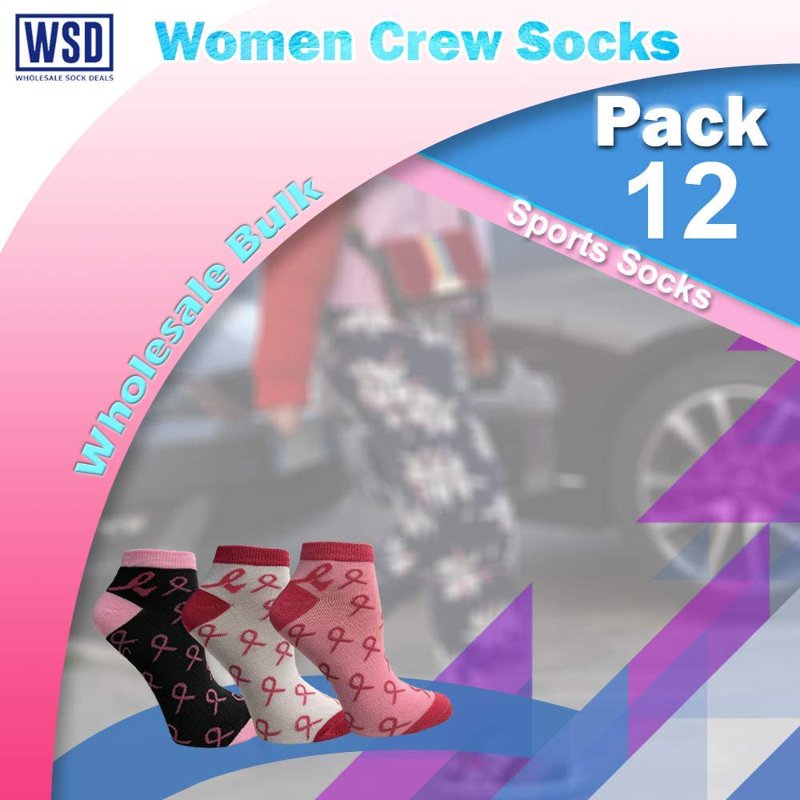 Women's Breast Cancer Awareness Socks 12 Pairs Assorted Pink Ribbon Ankle & Crew Socks