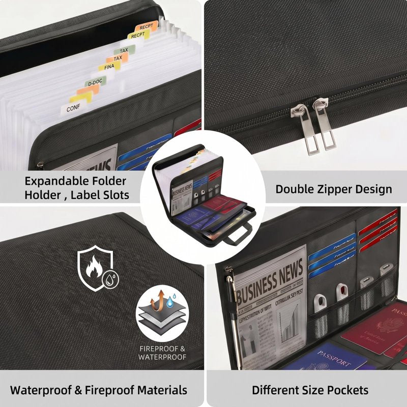 Fireproof Accordion File Organizer with 13 Expandable Pockets & Waterproof Design