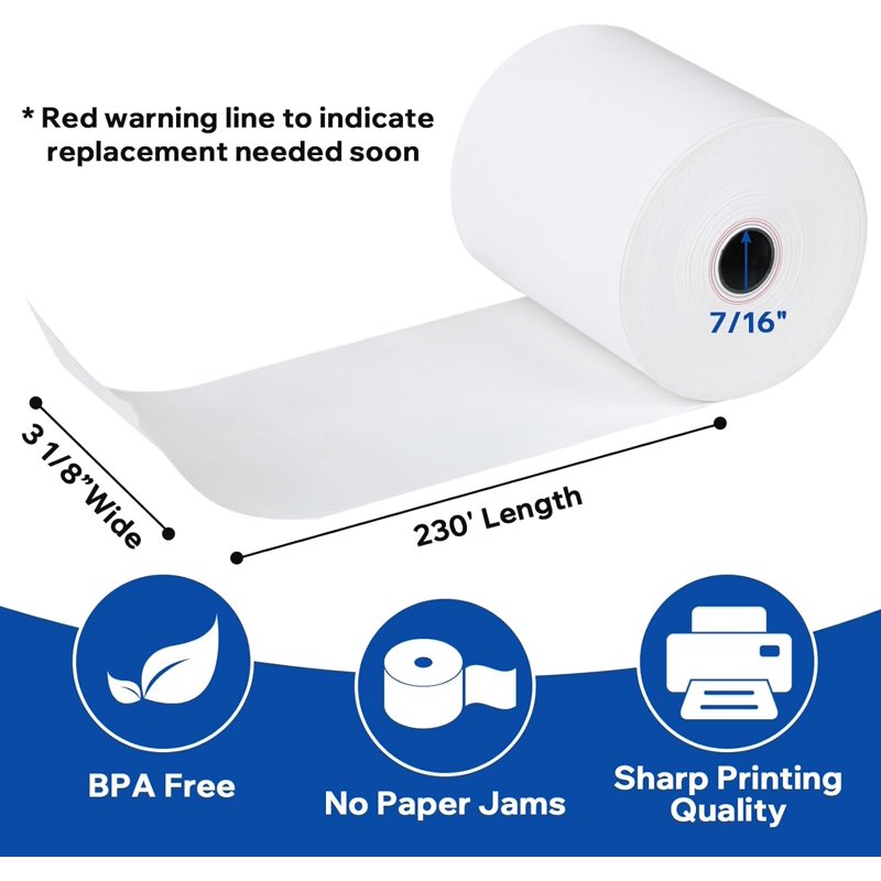 Thermal Receipt Paper Rolls 3 1/8 x 230 BPA Free 100 Rolls for POS Cash Registers