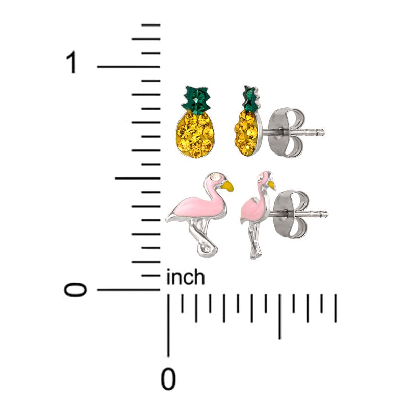 Kids Sterling Silver Crystal Pineapple and Flamingo Stud Earrings Set