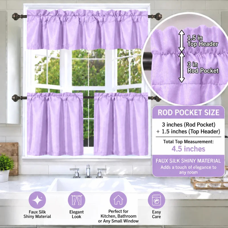 Faux Silk Blackout Kitchen Curtain Set - 3-Piece Window Treatment, Multiple Colors