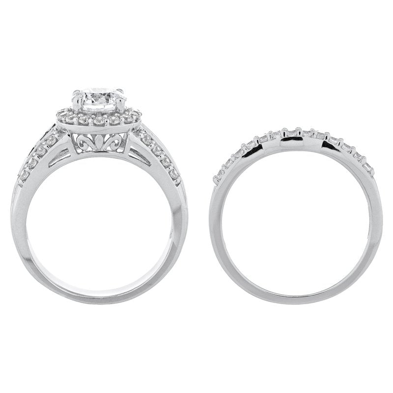 Sterling Silver Bridal Engagement Ring Set with Simulated Diamonds and Sapphire Accents