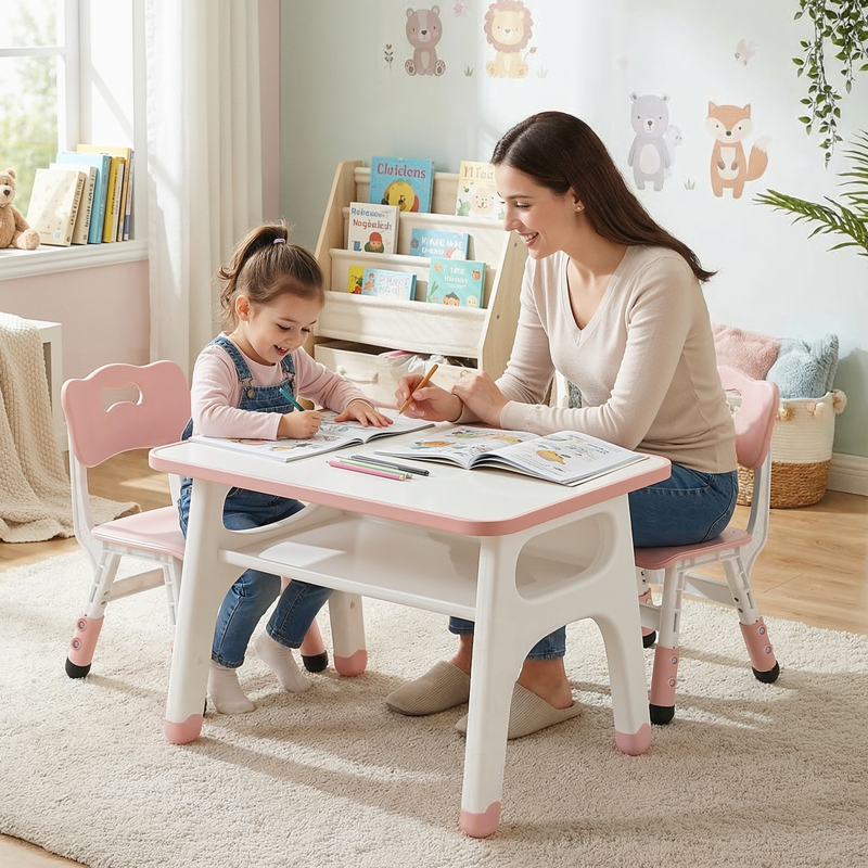 Kids Table and Chair Set with Adjustable Height and Graffiti Desktop - Pink & Yellow