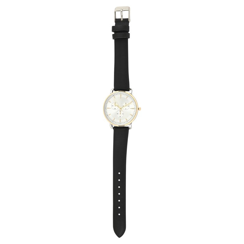 Ladies Two-Tone Round Case Watch with Faux Eye Dial and Black PU Strap