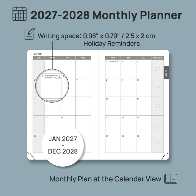Monthly Planner 2027-2028 Pocket Calendar Book - 2-Year Slim Leather Organizer