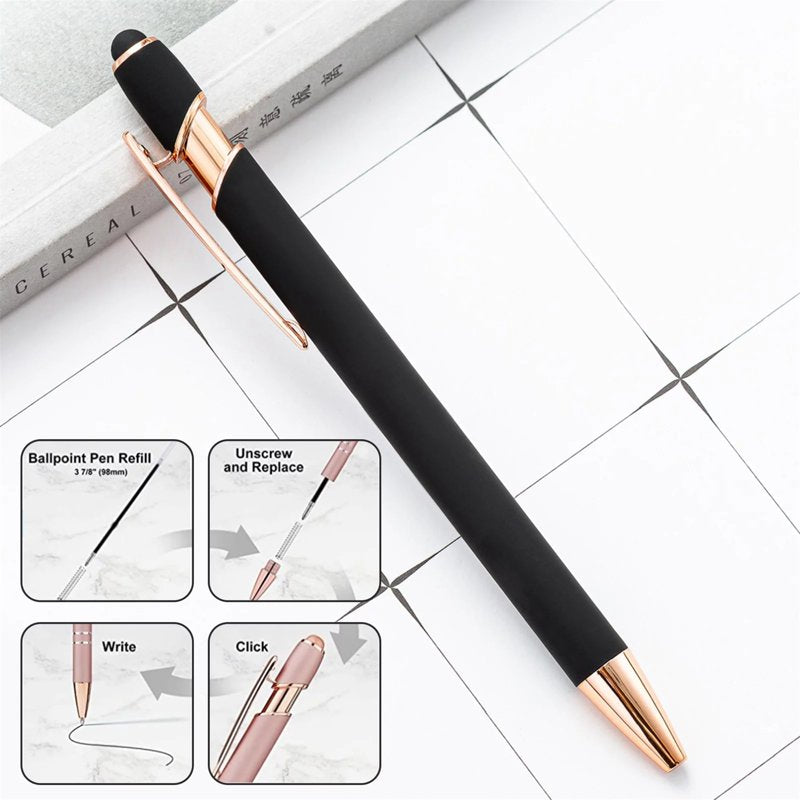 12 Pack Metal Stylus Ballpoint Pens for Women with Black Ink & Stylus Tip
