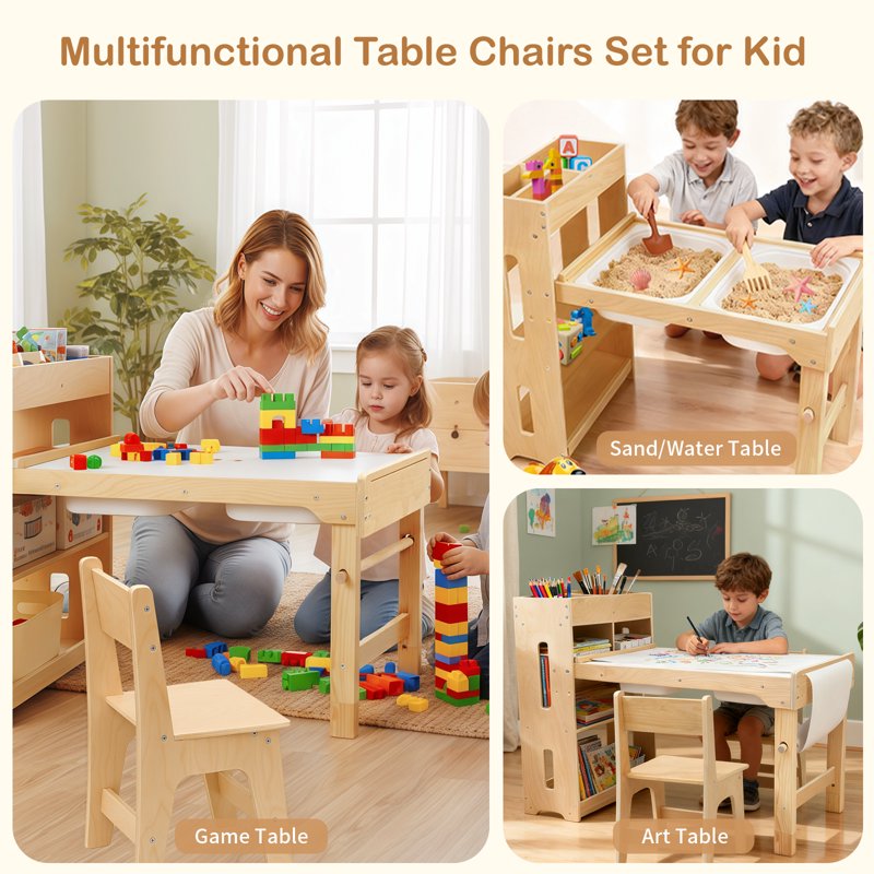 Adjustable Height Kids Activity Table with Storage Shelves and Chairs - Toddler Play Desk