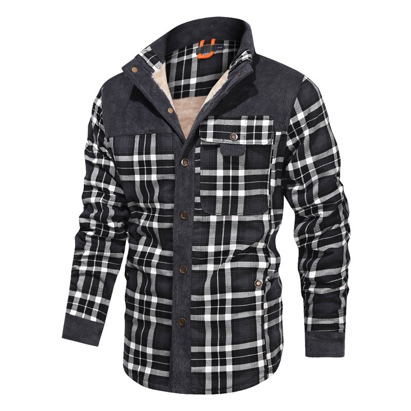 Men's Corduroy Plaid Sherpa Lined Flannel Shirt Jacket Coat – Gray, Size L
