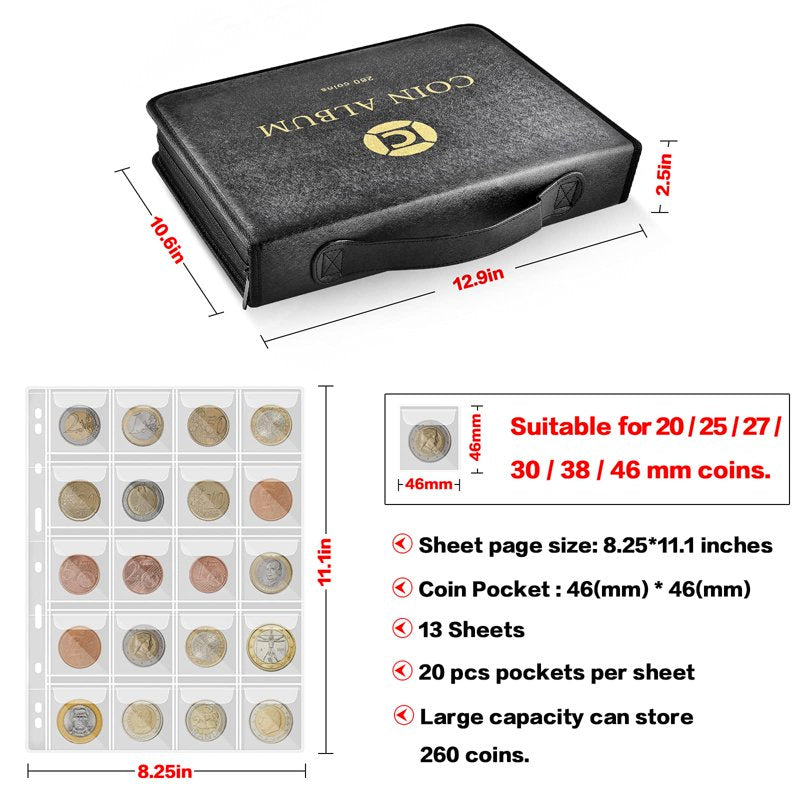 Black Coin Collection Album with 260 Pockets - Durable Display & Storage Book