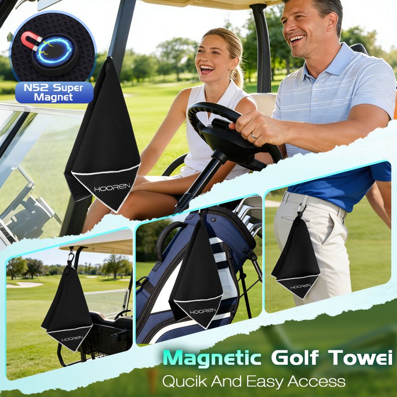 4-in-1 Magnetic Golf Towel with Brush & Cleaning Pocket - Microfiber Waffle Design