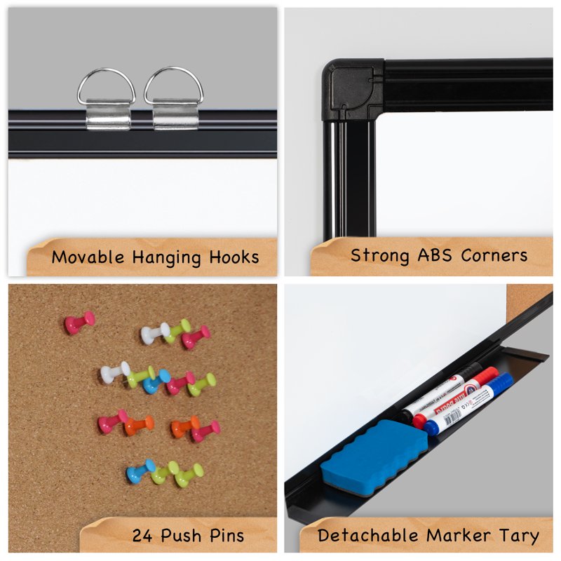 Magnetic Whiteboard & Cork Bulletin Board Combo Wall Mount 24x18in