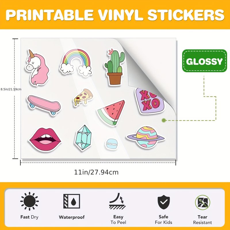 Printable Vinyl Sticker Paper for Inkjet & Laser Printers Waterproof 60 Sheets