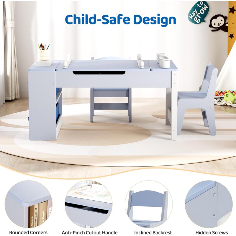 Kids Art Table and Chair Set with Storage & Easel, Craft & Activity Desk