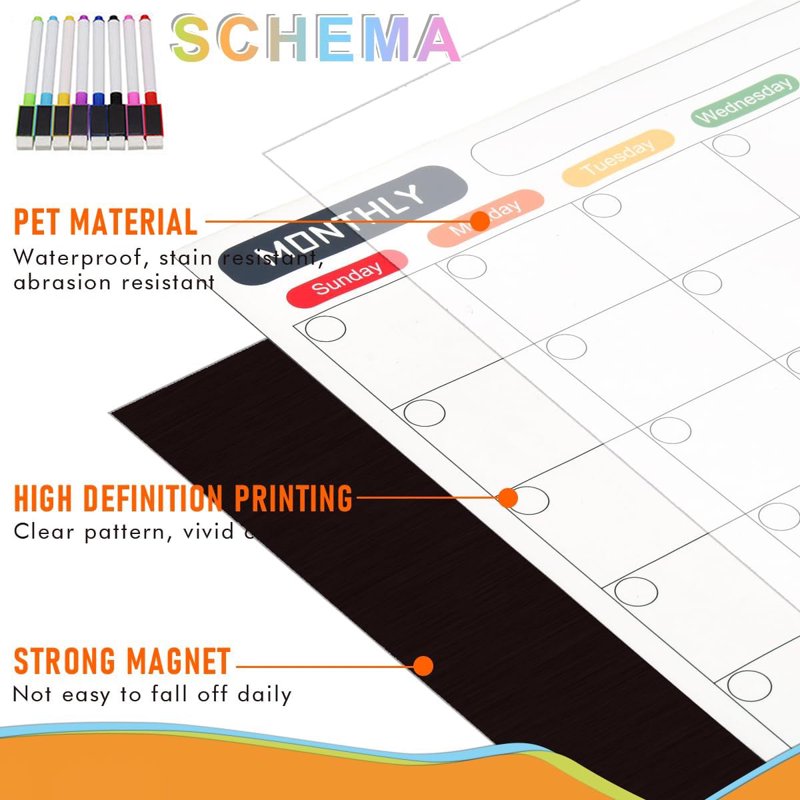 Magnetic Dry Erase Calendar Set for Refrigerator & Wall - Monthly Weekly Daily Planner